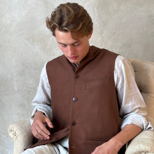 Classic Cut Waistcoat in Chocolate Bark Silk Matka