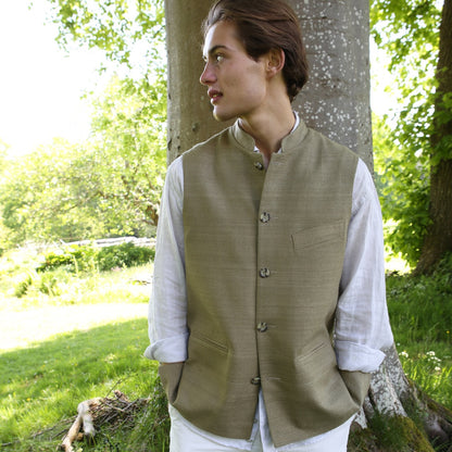 44" Classic Cut Waistcoat in Khaki Silk Matka