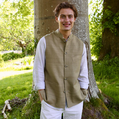 44" Classic Cut Waistcoat in Khaki Silk Matka