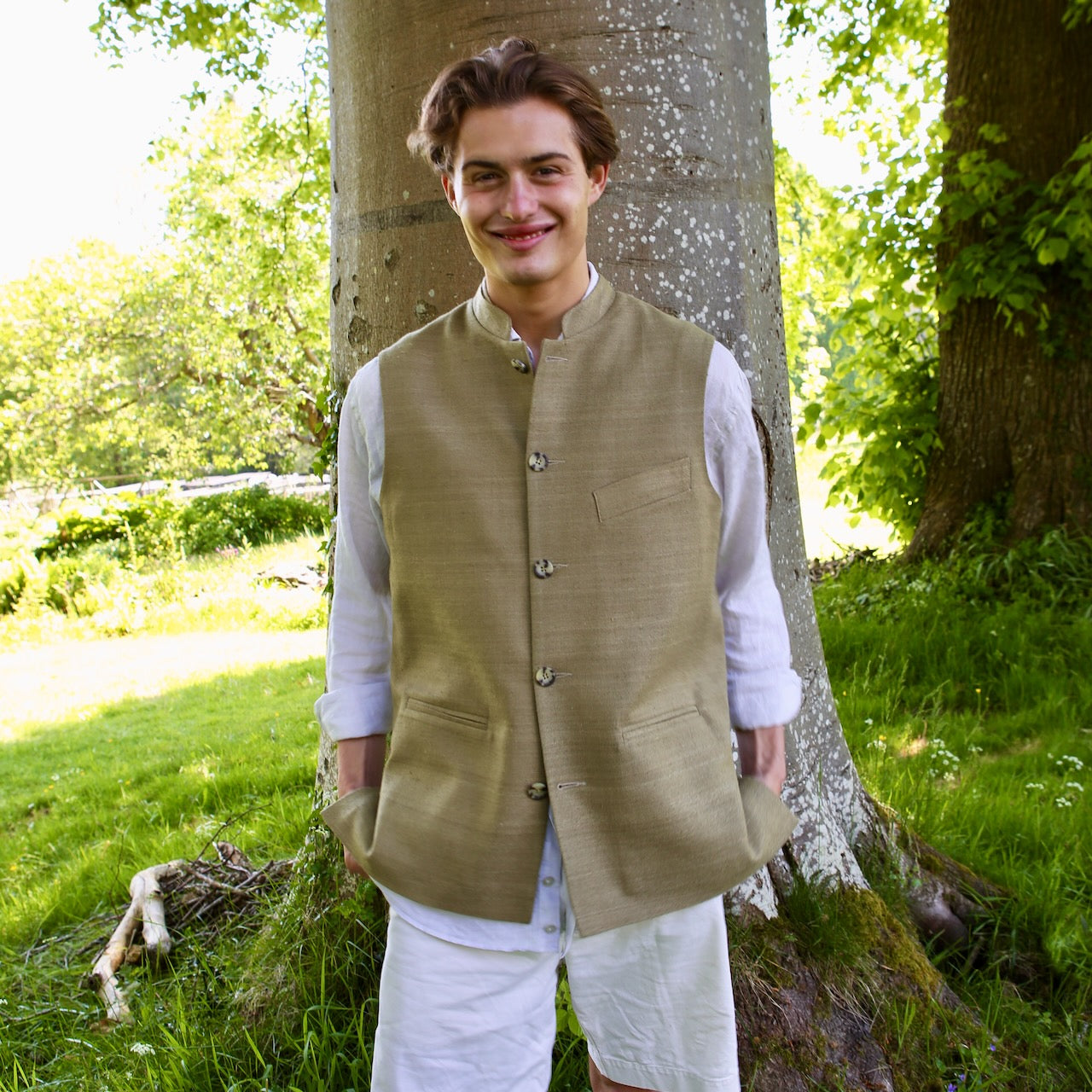 44" Classic Cut Waistcoat in Khaki Silk Matka