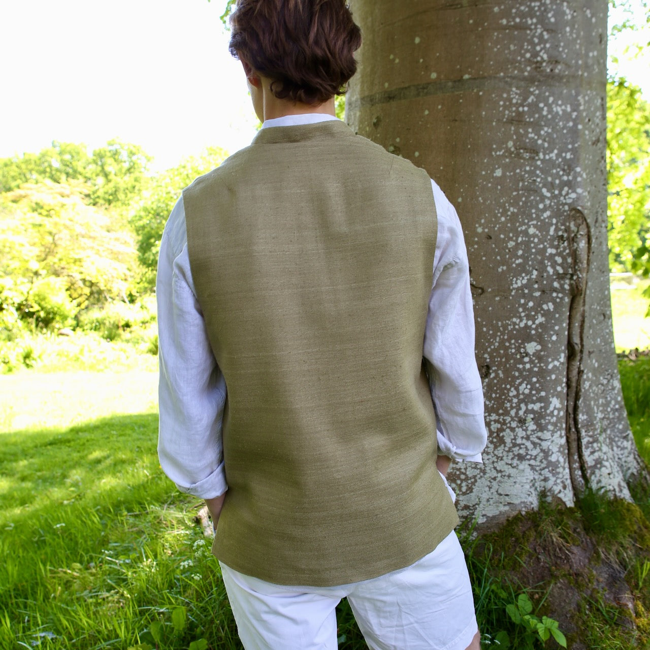 44" Classic Cut Waistcoat in Khaki Silk Matka