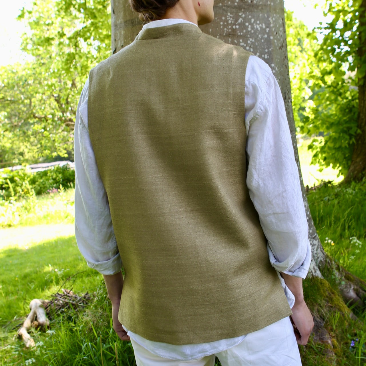 44" Classic Cut Waistcoat in Khaki Silk Matka