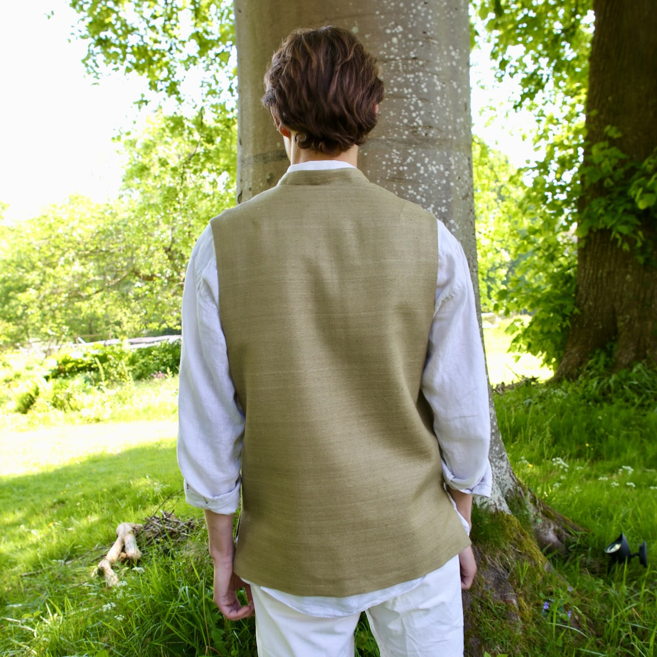 44" Classic Cut Waistcoat in Khaki Silk Matka