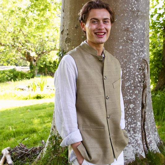 Classic Cut Waistcoat in Khaki Silk Matka