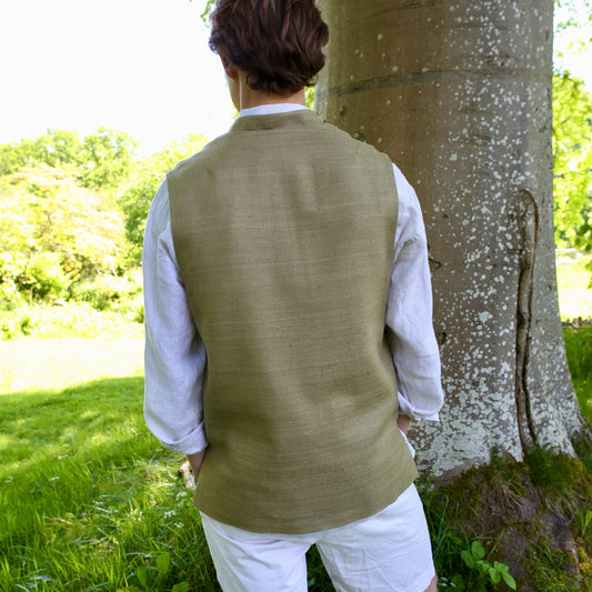 Classic Cut Waistcoat in Khaki Silk Matka