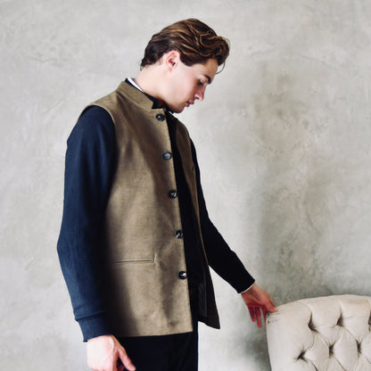 Classic Cut Waistcoat in Khaki Moleskin