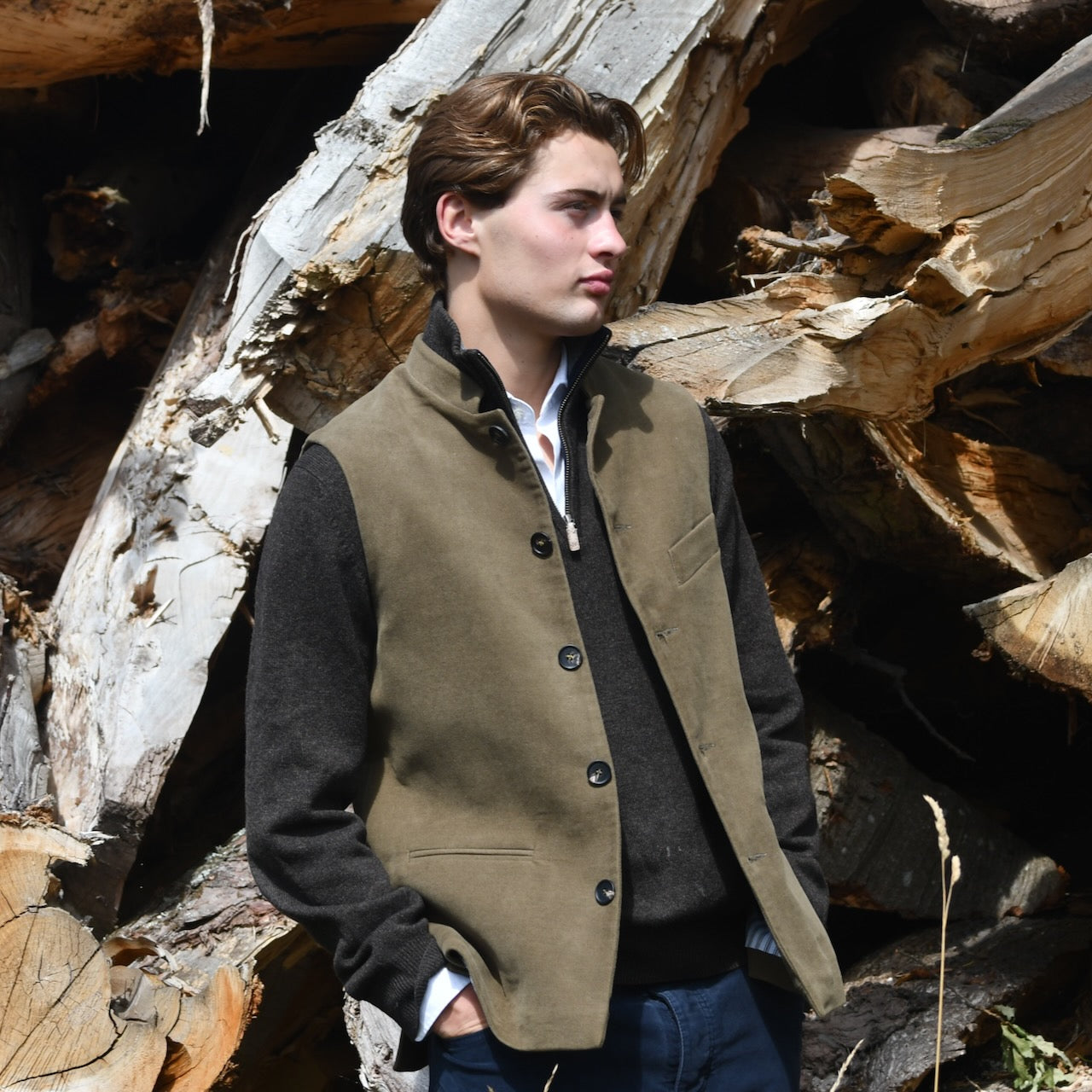 40" Classic Cut Waistcoat in Khaki Moleskin