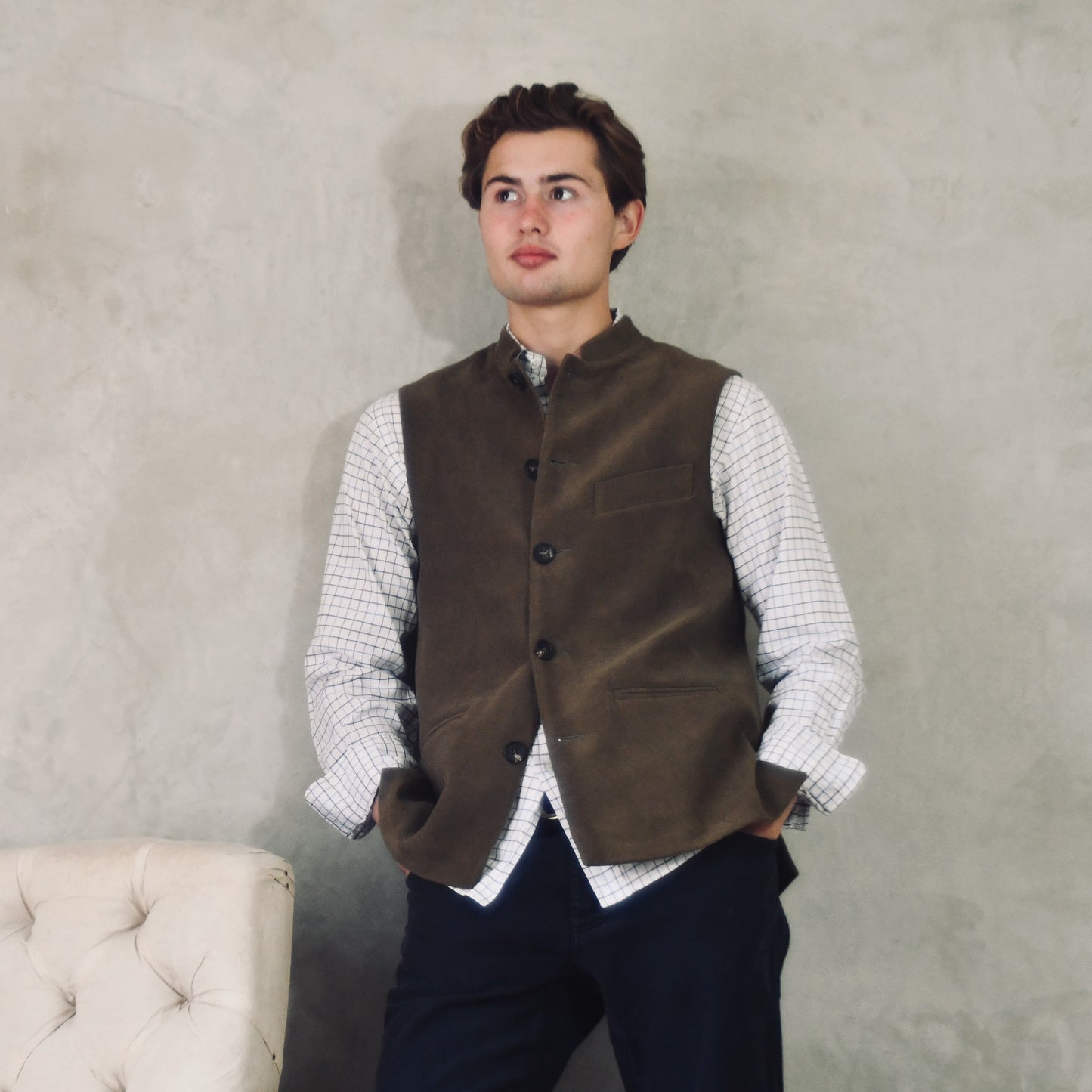 40" Tailored Cut Waistcoat in Khaki Moleskin