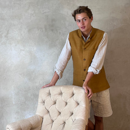 Tailored Cut Waistcoat in Darker Straw Silk Matka