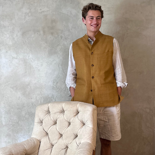 Classic Cut Waistcoat in Darker Straw Silk Matka