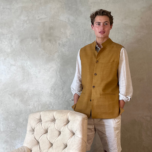 Classic Cut Waistcoat in Darker Straw Silk Matka