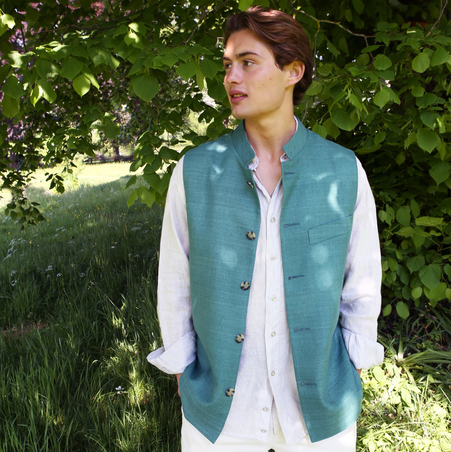 Classic Cut Waistcoat in Emerald Green Silk Matka