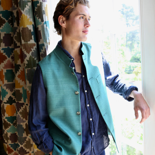 Classic Cut Waistcoat in Emerald Green Silk Matka