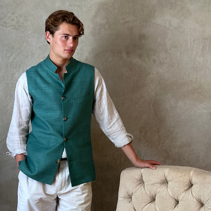 Classic Cut Waistcoat in Emerald Green Silk Matka