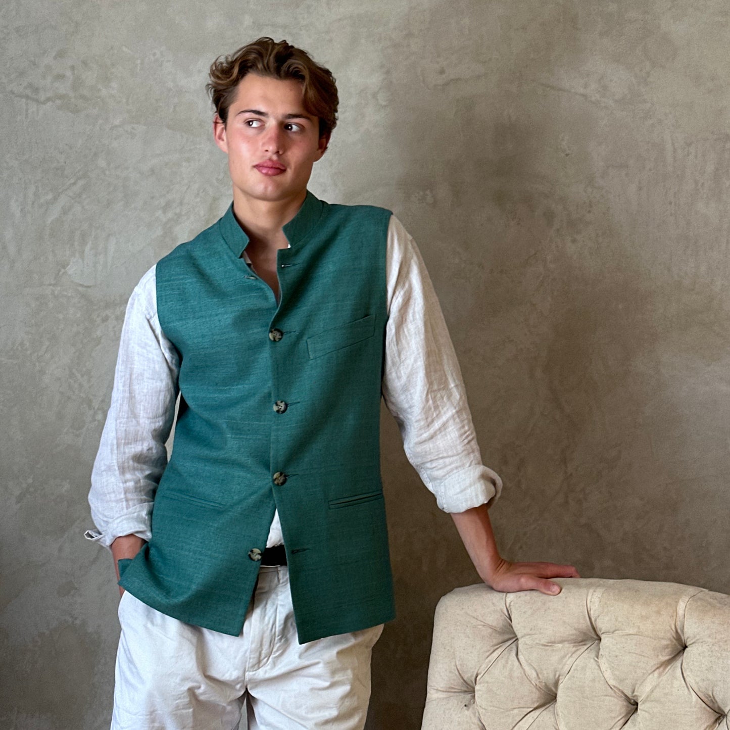 Classic Cut Waistcoat in Emerald Green Silk Matka