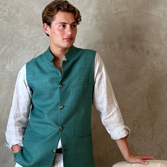 Tailored Cut Waistcoat in Emerald Green Silk Matka