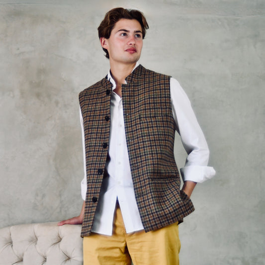 Tailored Cut Waistcoat in Fox Brothers Brown and Green Gunclub Check Tweed