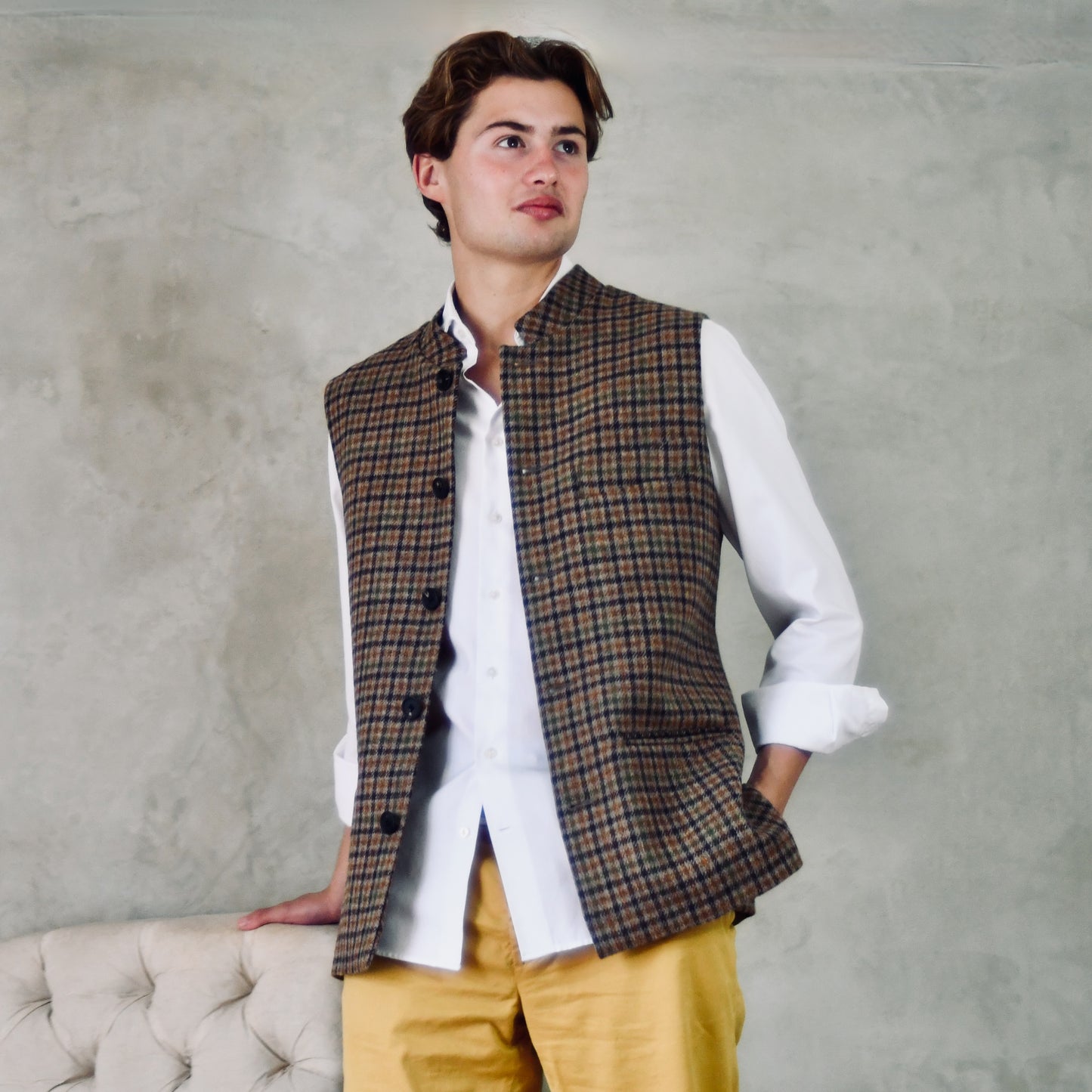 Classic Cut Waistcoat in Fox Brothers Brown and Green Gunclub Check Tweed