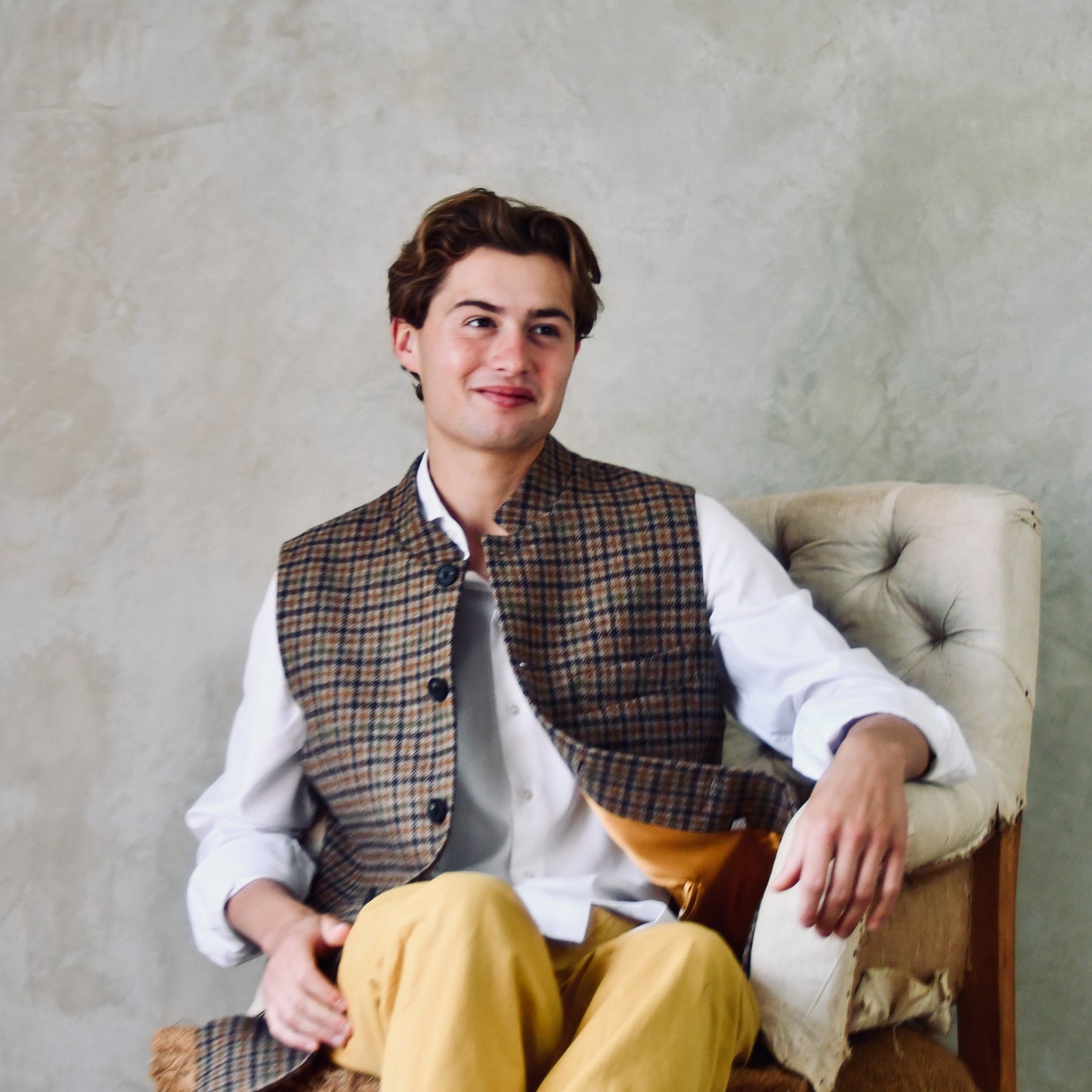 Classic Cut Waistcoat in Fox Brothers Brown and Green Gunclub Check Tweed