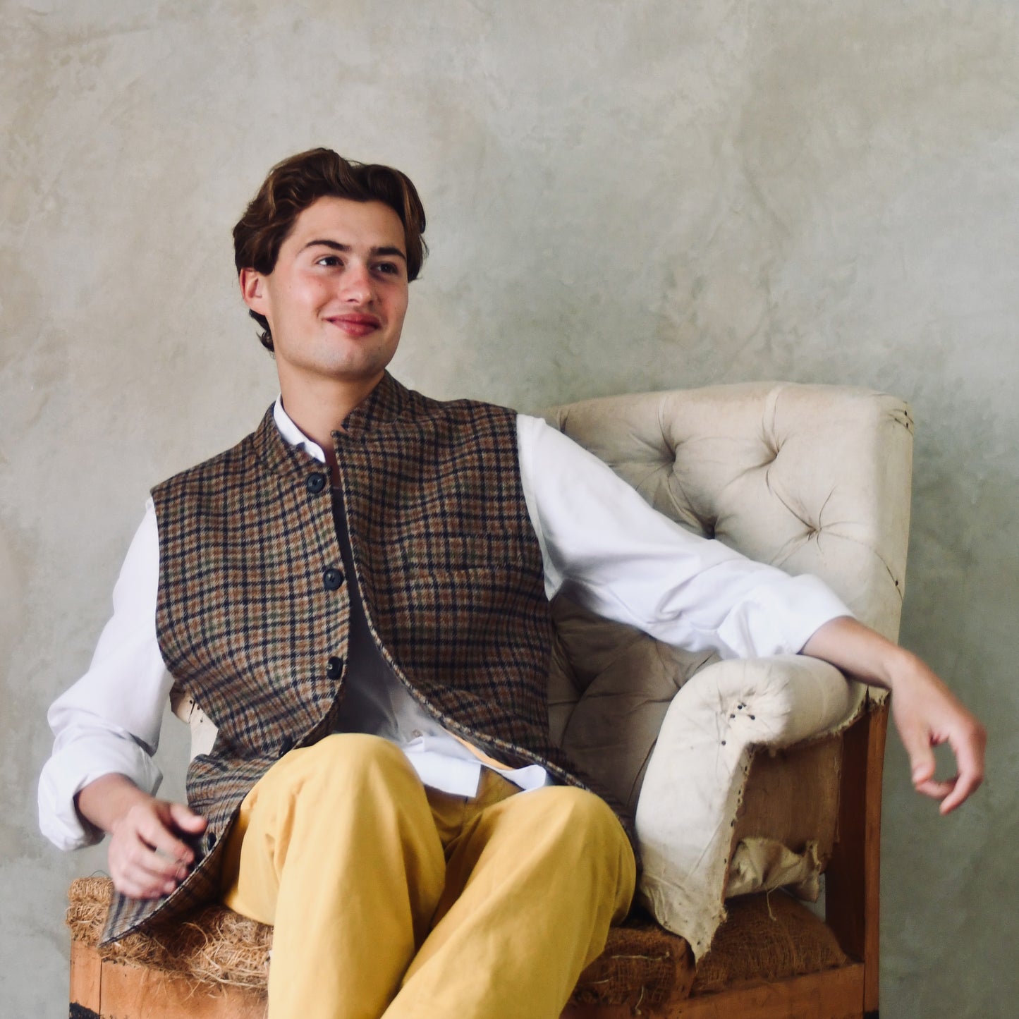 Classic Cut Waistcoat in Fox Brothers Brown and Green Gunclub Check Tweed