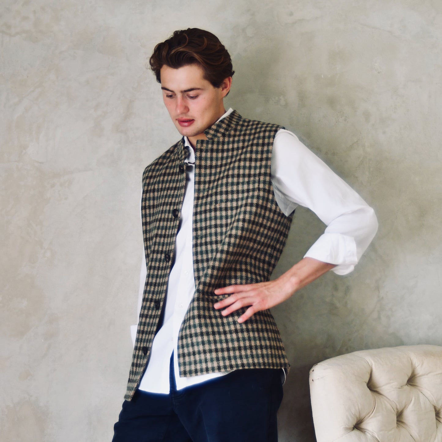 46" Tailored Cut Waistcoat in Fox Brothers Green GunClub Check Flannel