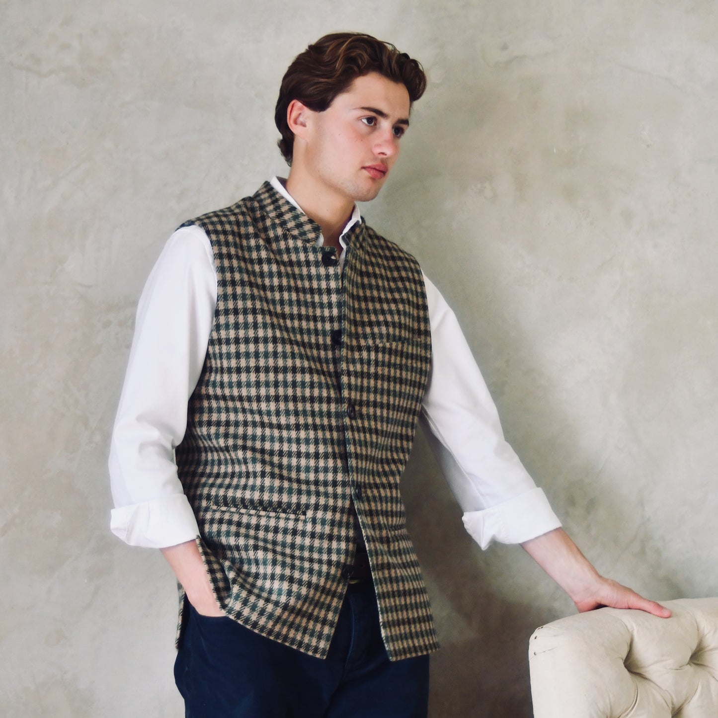 46" Tailored Cut Waistcoat in Fox Brothers Green GunClub Check Flannel