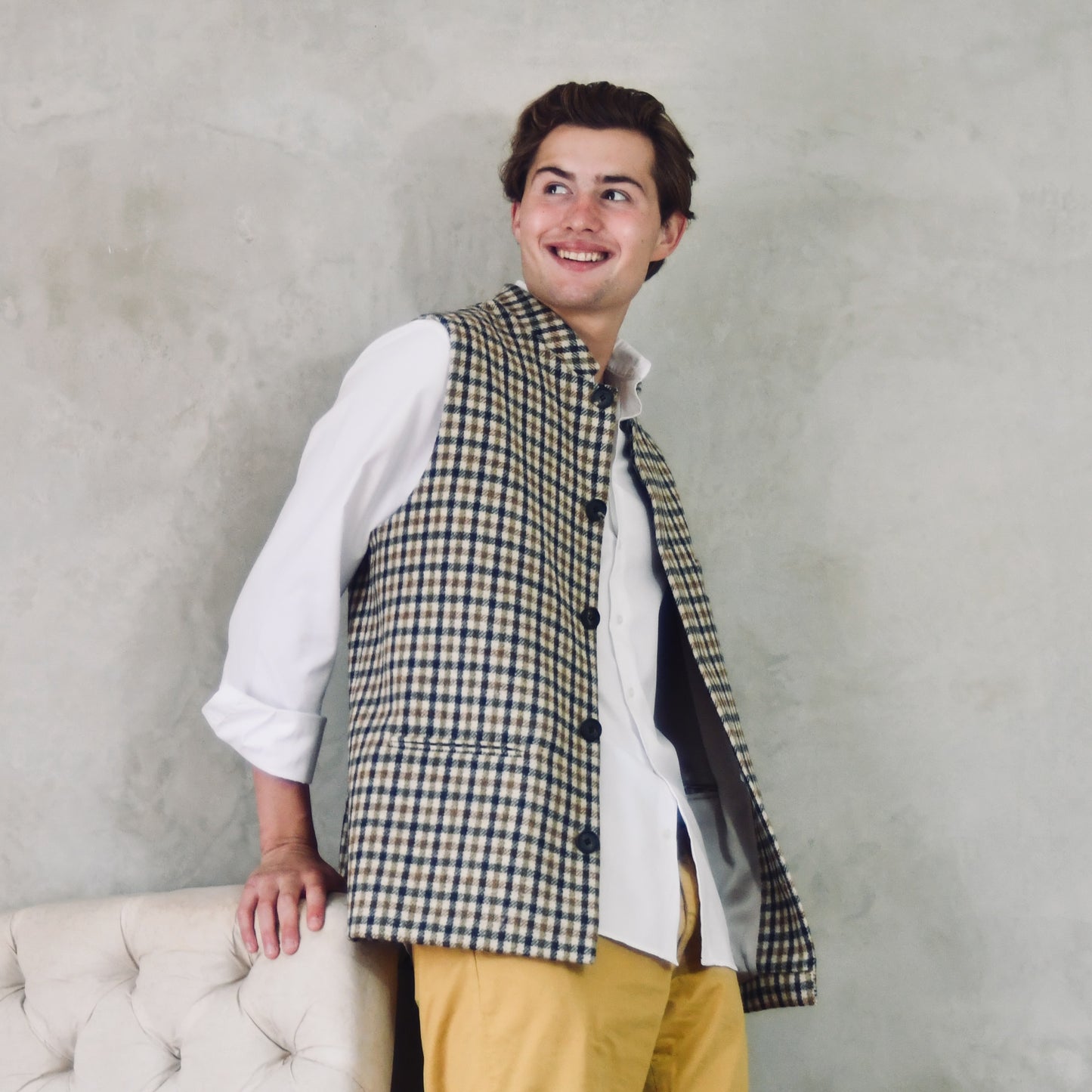 42" Classic Cut Waistcoat in Fox Brothers Navy, Moss and Amber Gunclub Check Tweed