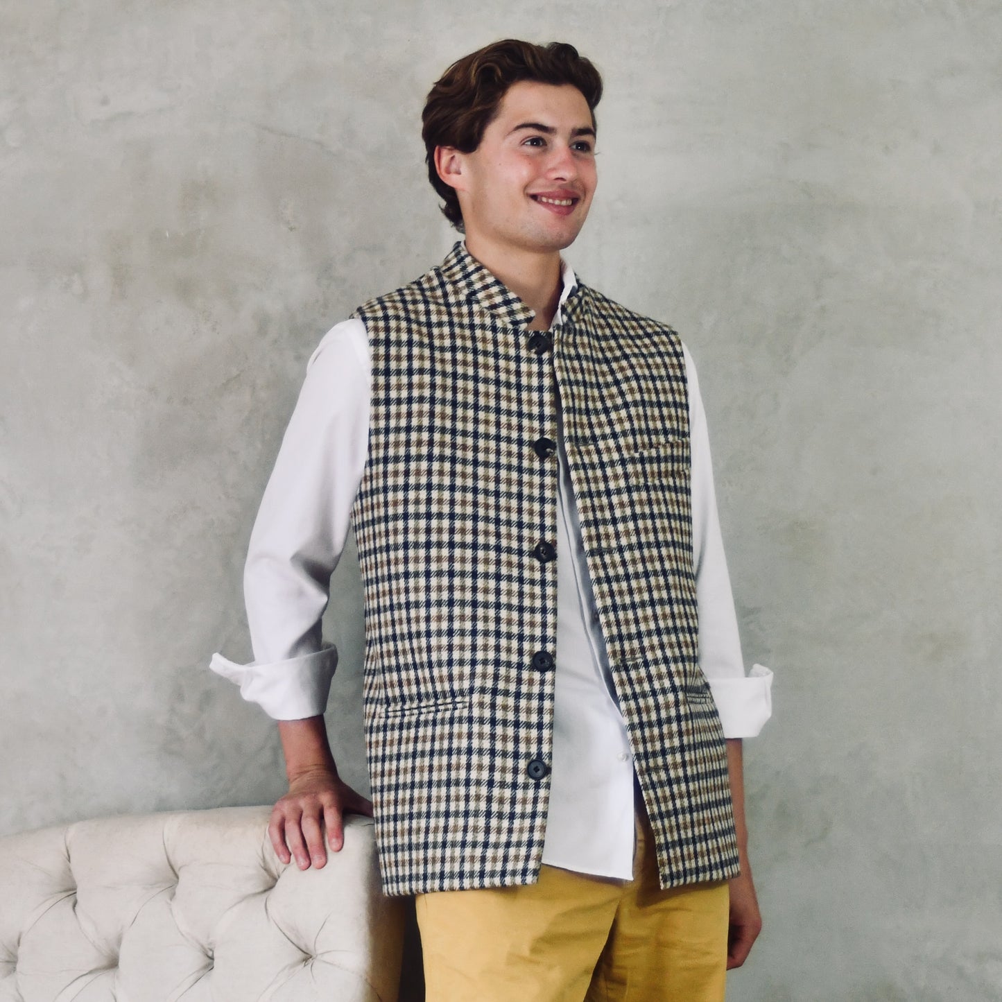 42" Classic Cut Waistcoat in Fox Brothers Navy, Moss and Amber Gunclub Check Tweed