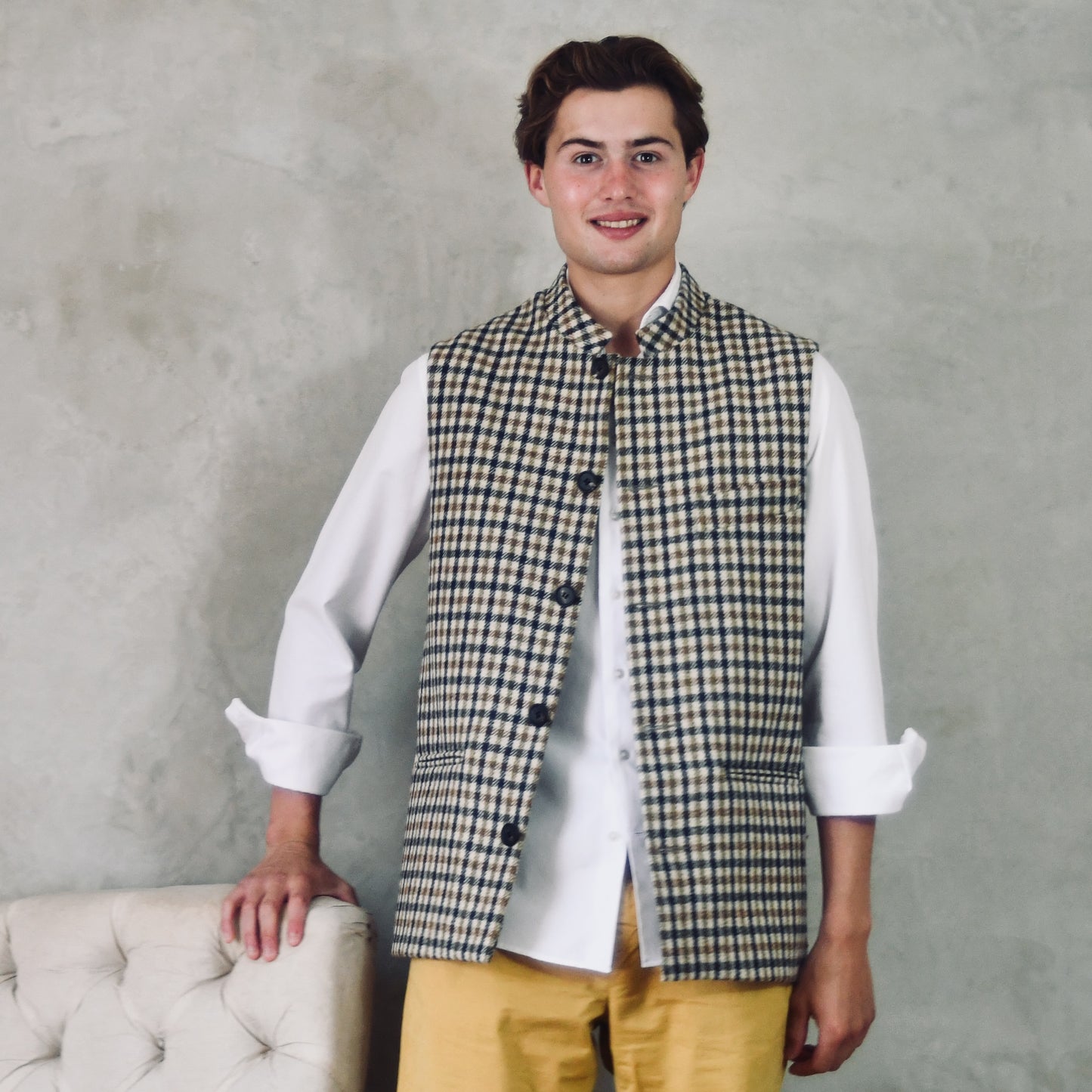 42" Classic Cut Waistcoat in Fox Brothers Navy, Moss and Amber Gunclub Check Tweed