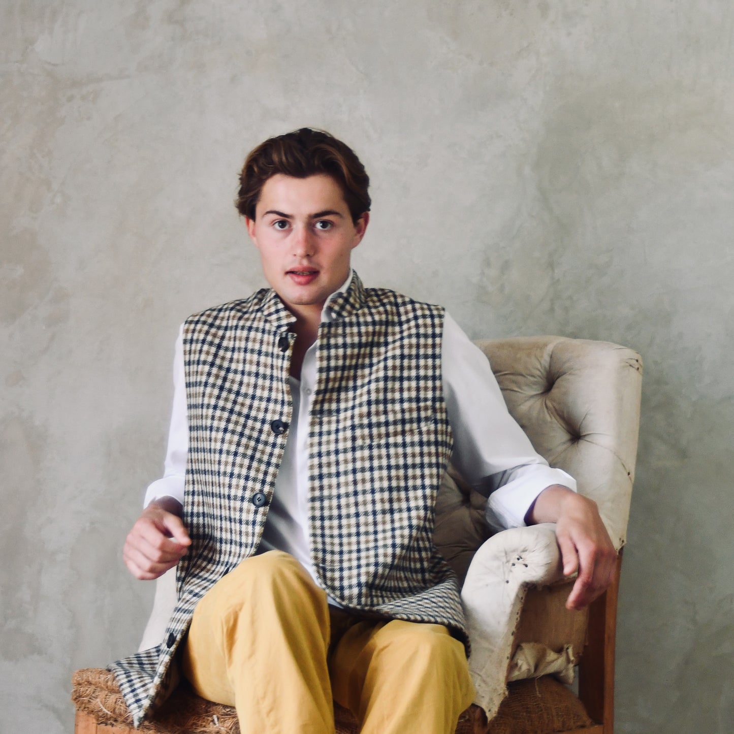 42" Classic Cut Waistcoat in Fox Brothers Navy, Moss and Amber Gunclub Check Tweed