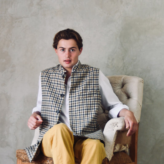 42" Classic Cut Waistcoat in Fox Brothers Navy, Moss and Amber Gunclub Check Tweed