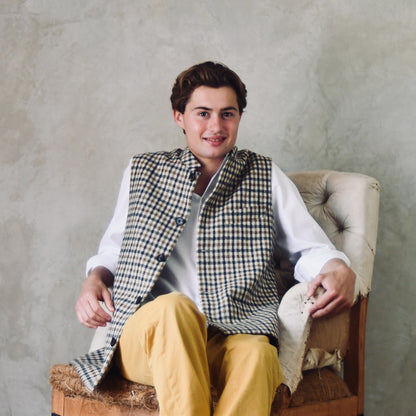 42" Classic Cut Waistcoat in Fox Brothers Navy, Moss and Amber Gunclub Check Tweed