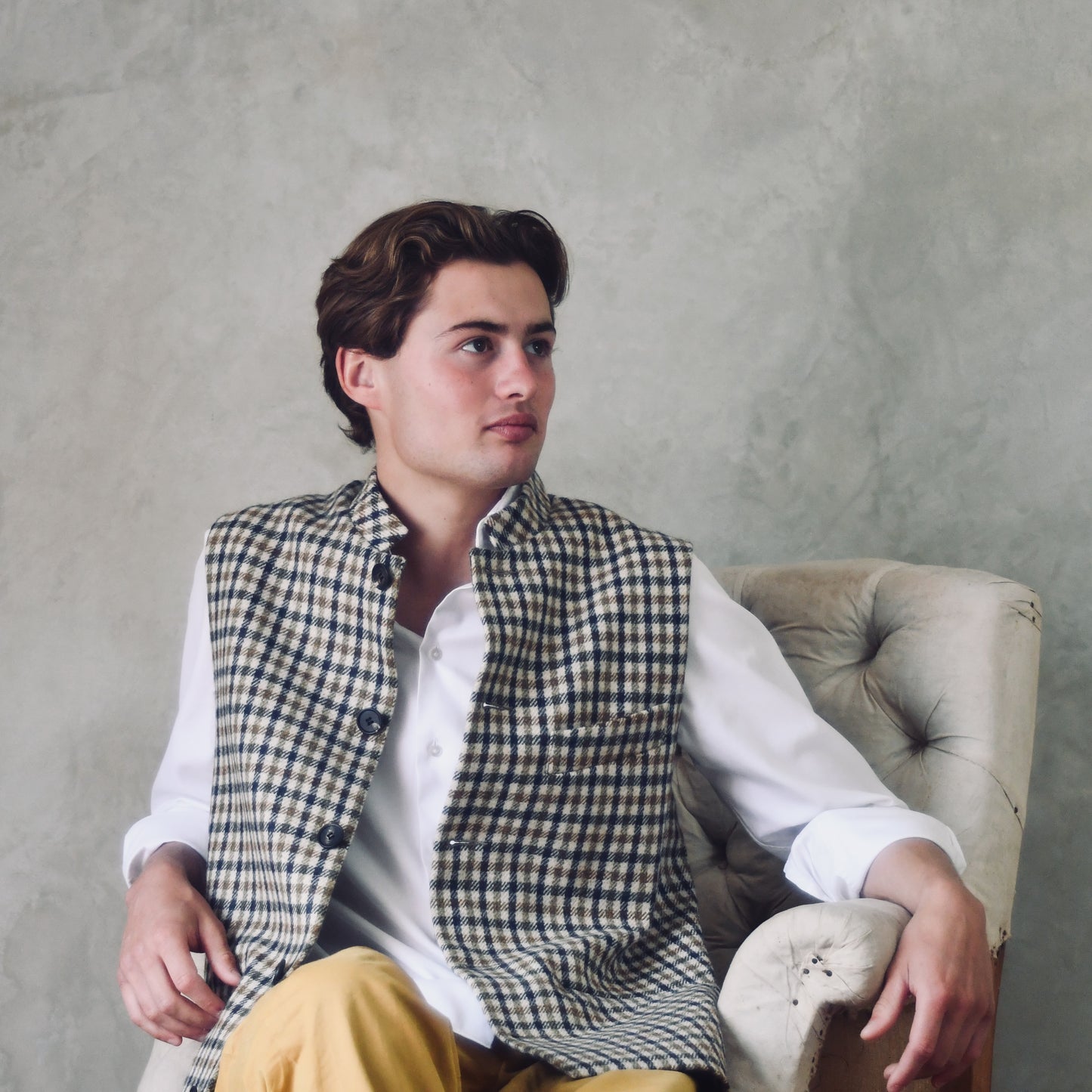 42" Classic Cut Waistcoat in Fox Brothers Navy, Moss and Amber Gunclub Check Tweed