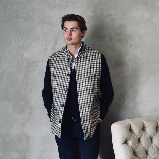 Tailored Cut Waistcoat in Fox Brothers Navy, Moss and Amber Gunclub Check Tweed
