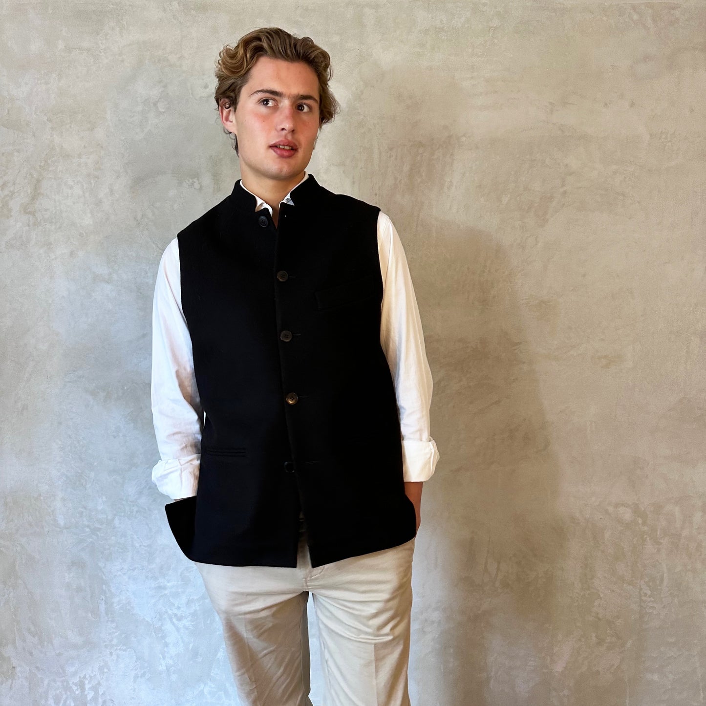 Tailored Cut Waistcoat in Black Merino Melton