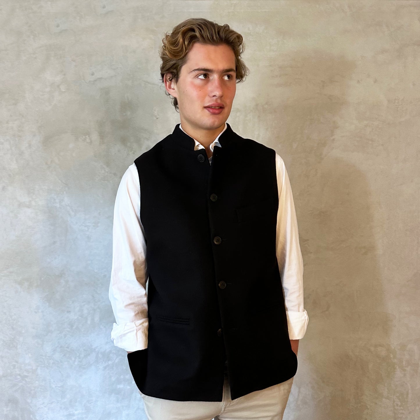 Tailored Cut Waistcoat in Black Merino Melton