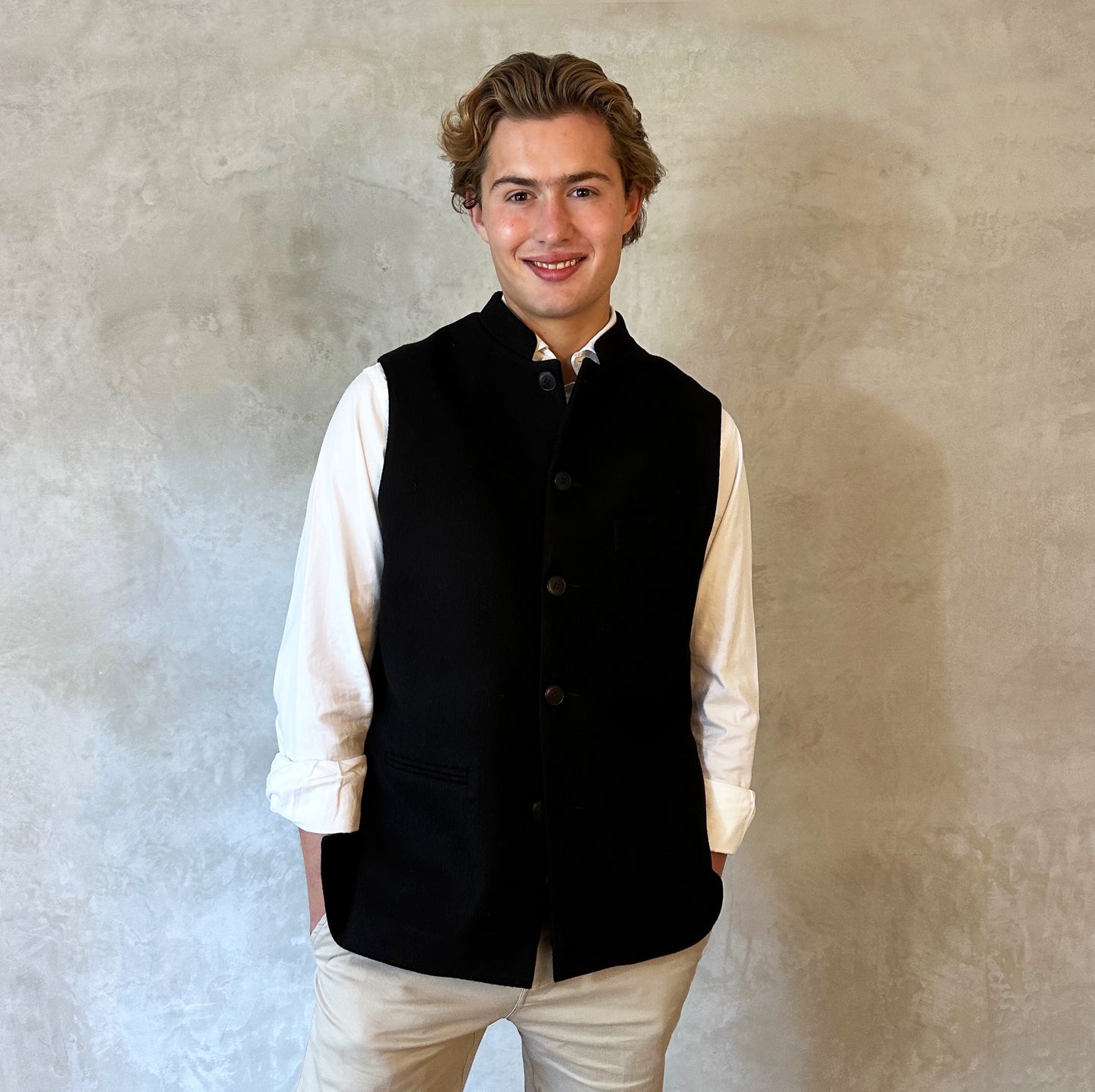 Tailored Cut Waistcoat in Black Merino Melton