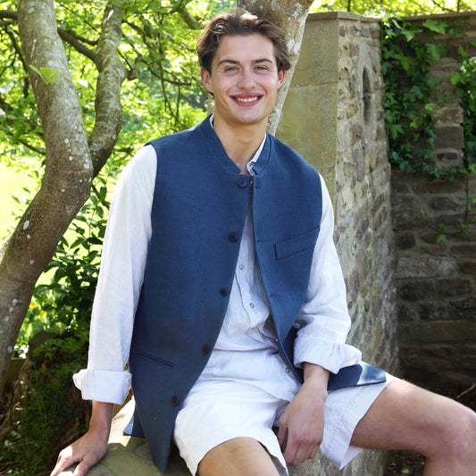 Classic Cut Waistcoat in Indigo Heavier-Weight Irish Linen