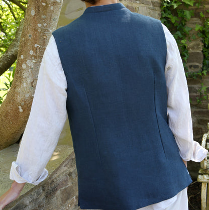 Classic Cut Waistcoat in Indigo Heavier-Weight Irish Linen