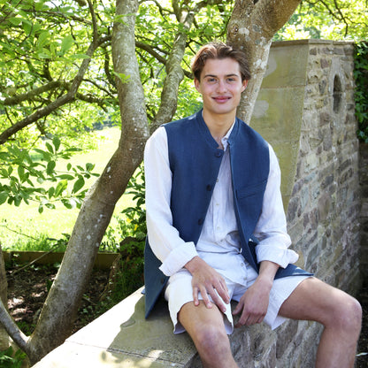 Classic Cut Waistcoat in Indigo Heavier-Weight Irish Linen