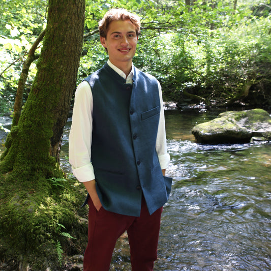 Tailored Cut Waistcoat in Indigo Heavier-Weight Irish Linen