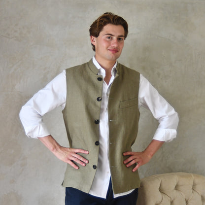 42" Classic Cut Waistcoat in Khaki Mid-Weight Irish Linen
