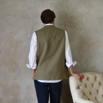 42" Classic Cut Waistcoat in Khaki Mid-Weight Irish Linen