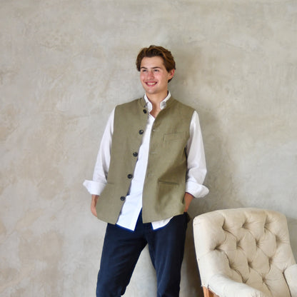 42" Classic Cut Waistcoat in Khaki Mid-Weight Irish Linen