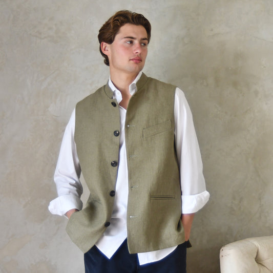 Classic Cut Waistcoat in Khaki Mid-Weight Irish Linen