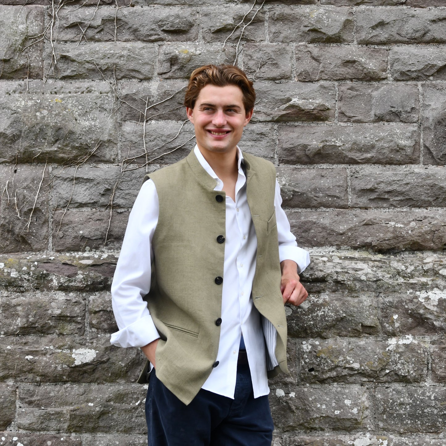 42" Classic Cut Waistcoat in Khaki Mid-Weight Irish Linen
