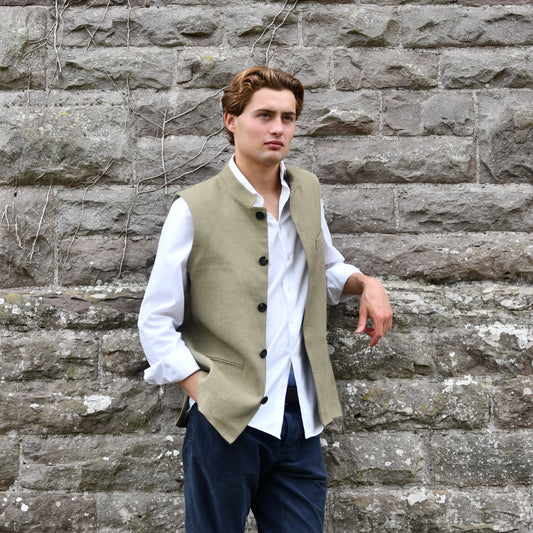 Tailored Cut Waistcoat in Khaki Mid-Weight Irish Linen