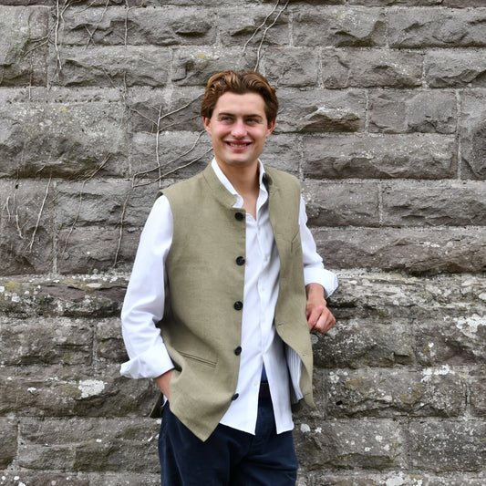 Tailored Cut Waistcoat in Khaki Mid-Weight Irish Linen