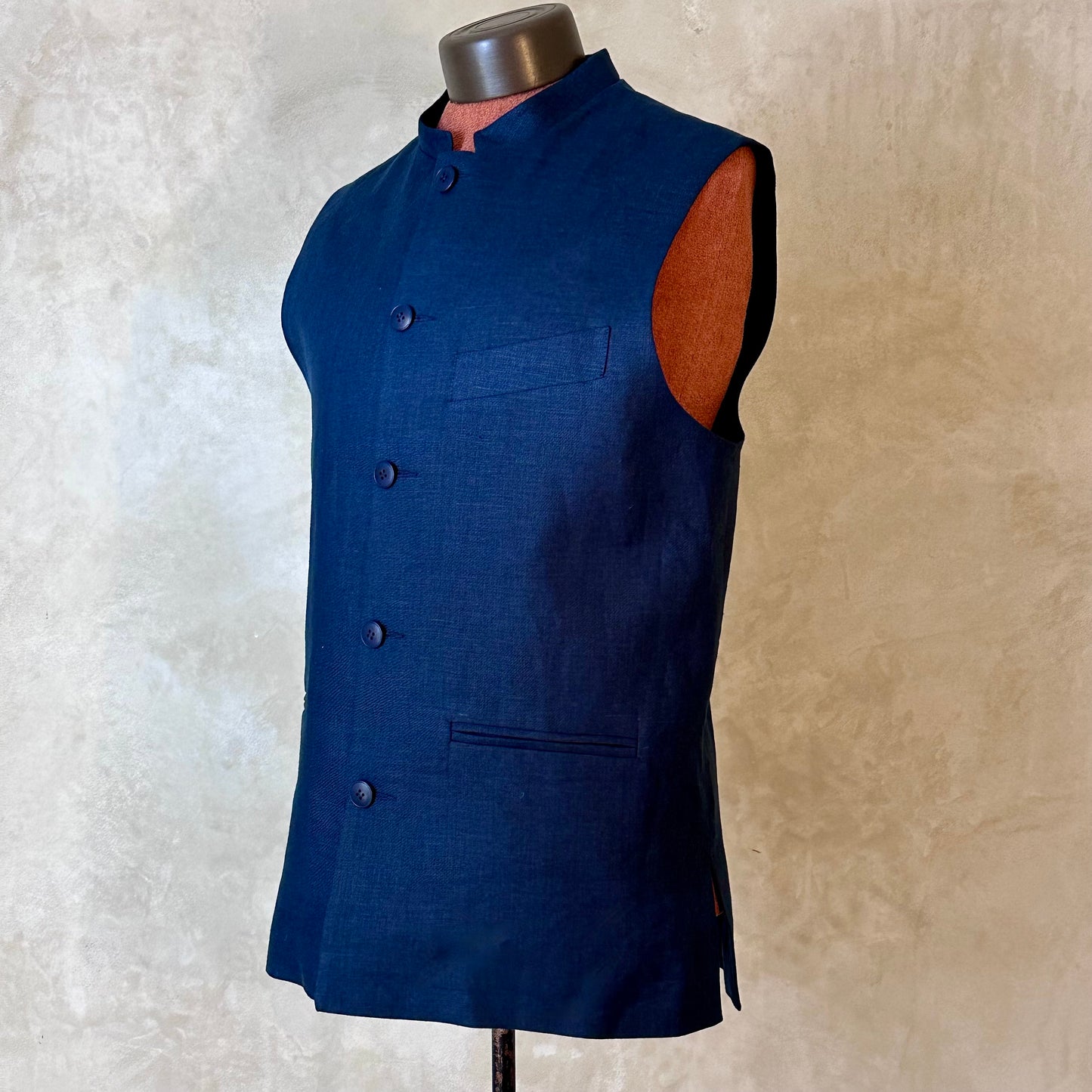 Classic Cut Waistcoat in Navy Blue Lighter Weight Irish Linen