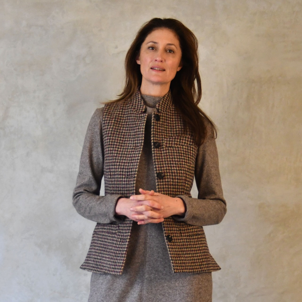 Ladies Classic Cut Waistcoat in Camel Check Lovat Tweed